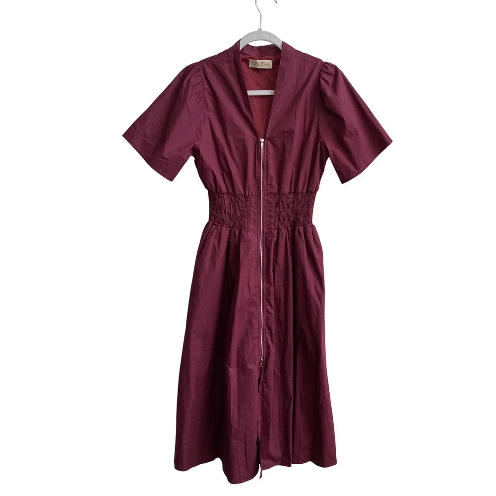 Style U Midi Dress Women Small Plum Smocked Waist Zip Front Cotton Puff Sleeve - Picture 3 of 10